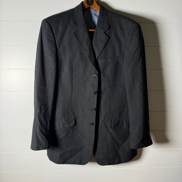 Vicci Uomo Suit Black Window Pane 4 Button Jacket & Pants Cuffed Hem Sz 42L/35W - Picture 1 of 15